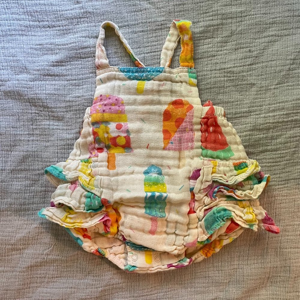 Angel Dear  |  Sunsuit Cool Sweets Ruffle Bubble Romper  |  Ivory and Pink